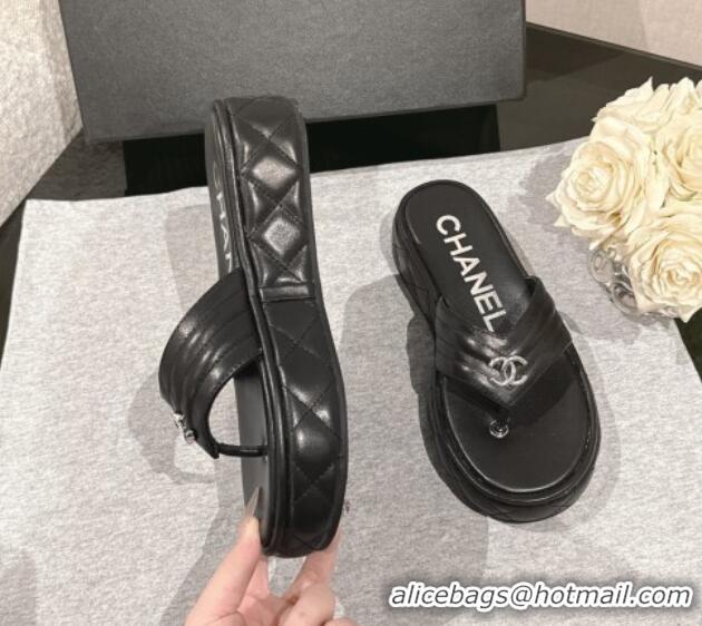 Luxury Discount Chanel Chevron Lambskin Platform Thong Slides Sandal 4.5cm Black 0102132