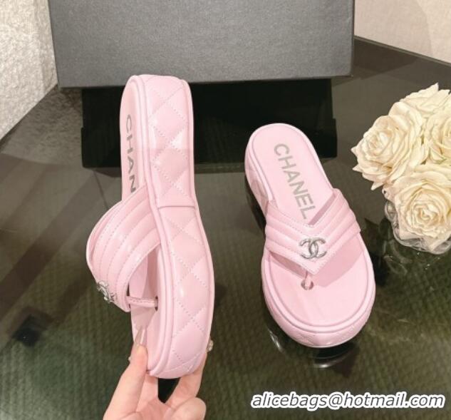 Luxury Chanel Chevron Lambskin Platform Thong Slides Sandal 4.5cm Light Pink 0102133