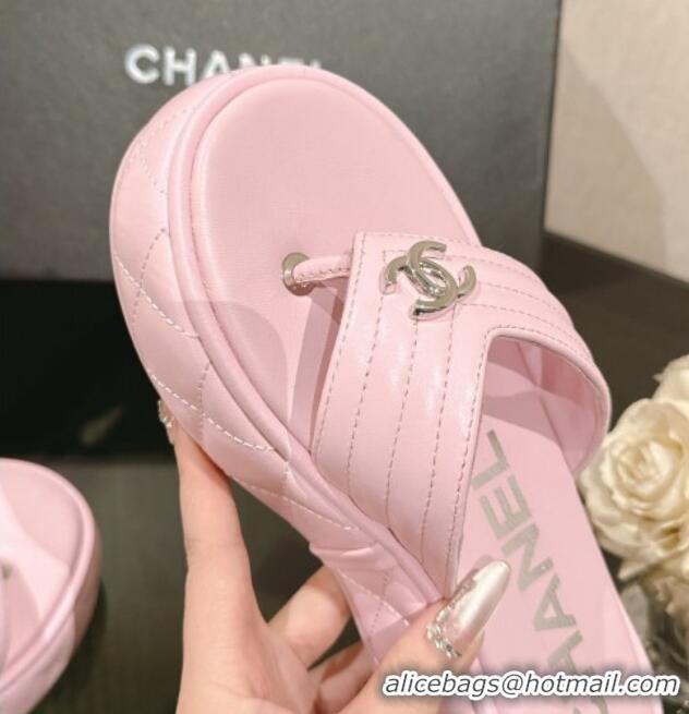 Luxury Chanel Chevron Lambskin Platform Thong Slides Sandal 4.5cm Light Pink 0102133