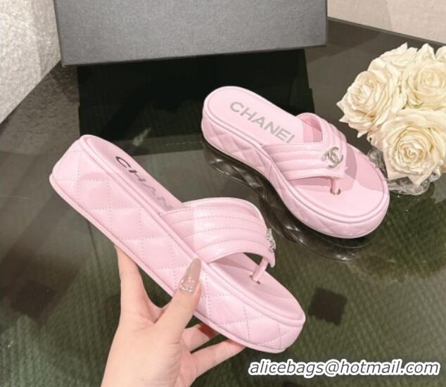 Luxury Chanel Chevron Lambskin Platform Thong Slides Sandal 4.5cm Light Pink 0102133