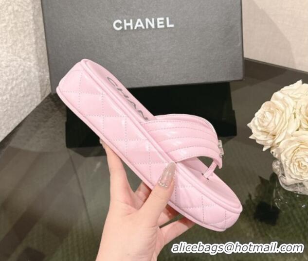 Luxury Chanel Chevron Lambskin Platform Thong Slides Sandal 4.5cm Light Pink 0102133