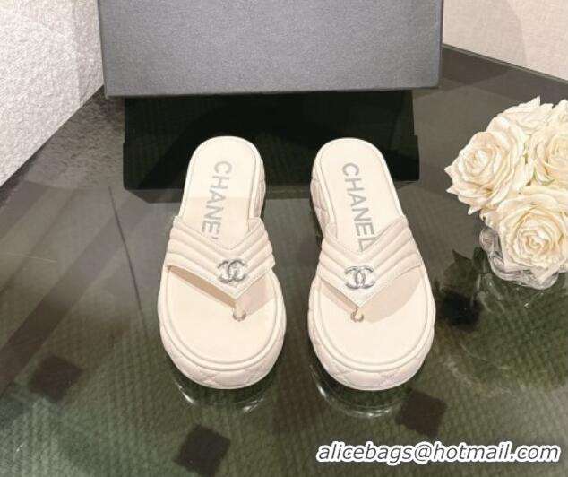 Hot Style Chanel Chevron Lambskin Platform Thong Slides Sandal 4.5cm Pale Grey 0102135