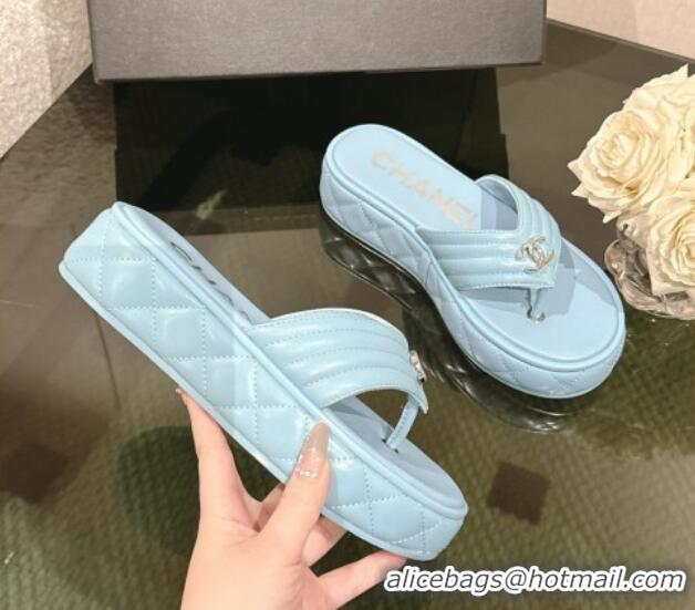 Cheap Price Chanel Chevron Lambskin Platform Thong Slides Sandal 4.5cm Light Blue 0102136