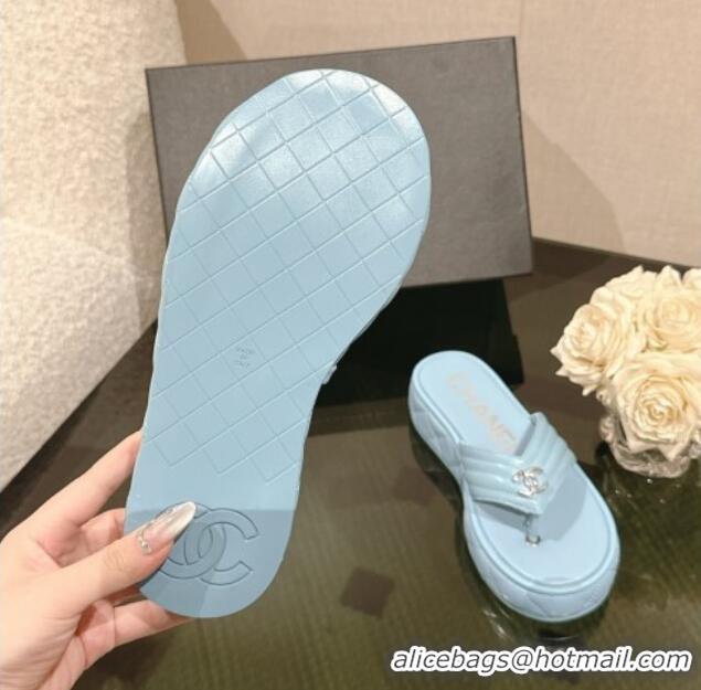 Cheap Price Chanel Chevron Lambskin Platform Thong Slides Sandal 4.5cm Light Blue 0102136