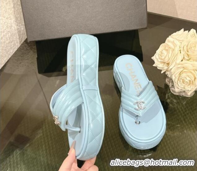 Cheap Price Chanel Chevron Lambskin Platform Thong Slides Sandal 4.5cm Light Blue 0102136