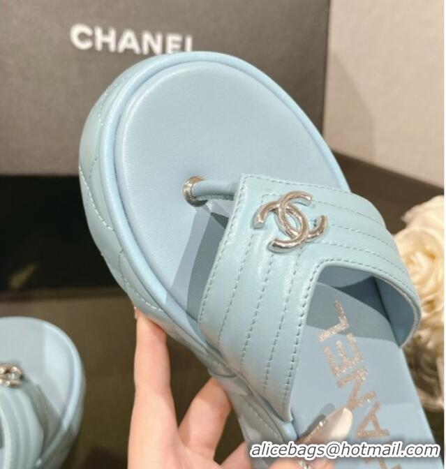 Cheap Price Chanel Chevron Lambskin Platform Thong Slides Sandal 4.5cm Light Blue 0102136