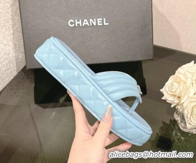 Cheap Price Chanel Chevron Lambskin Platform Thong Slides Sandal 4.5cm Light Blue 0102136