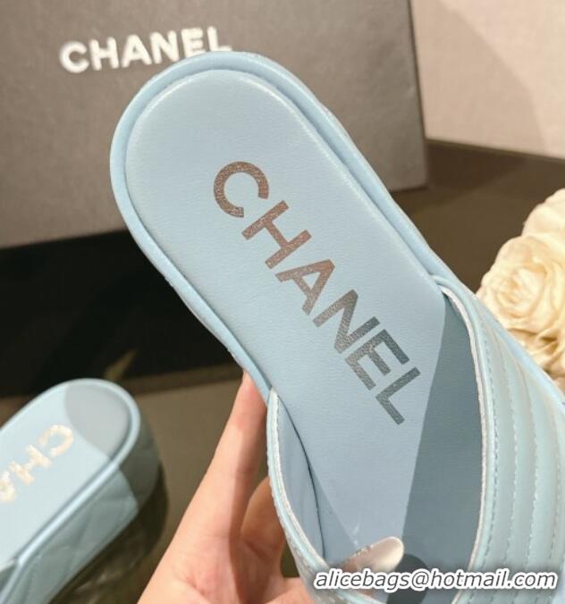 Cheap Price Chanel Chevron Lambskin Platform Thong Slides Sandal 4.5cm Light Blue 0102136