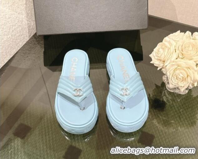 Cheap Price Chanel Chevron Lambskin Platform Thong Slides Sandal 4.5cm Light Blue 0102136