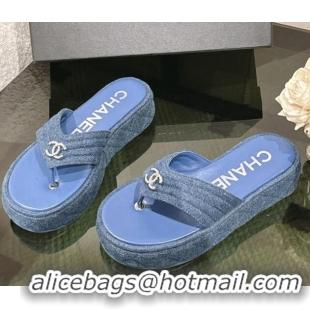 Unique Style Chanel Chevron Denim Platform Thong Slides Sandal 4.5cm Blue 0102137