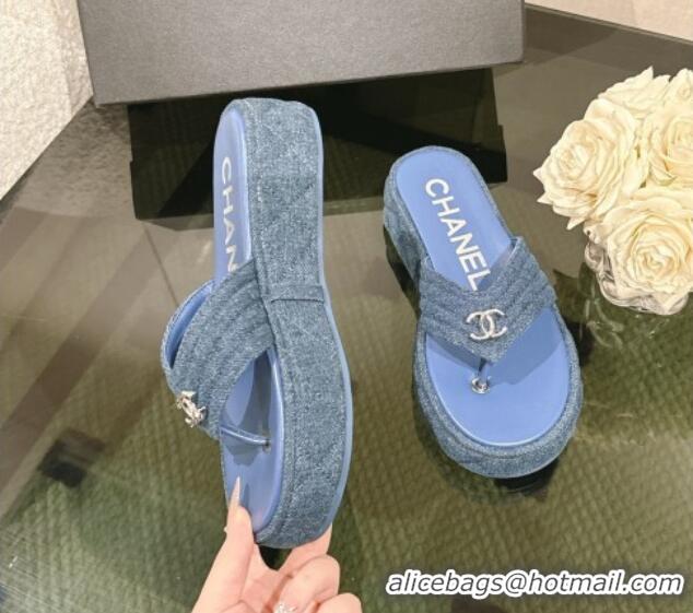 Unique Style Chanel Chevron Denim Platform Thong Slides Sandal 4.5cm Blue 0102137