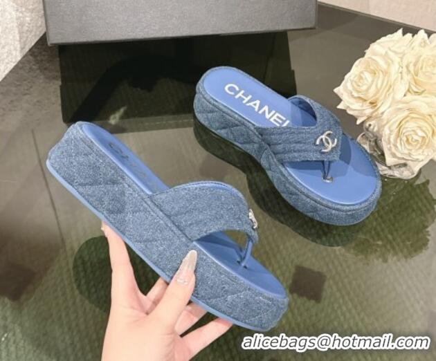 Unique Style Chanel Chevron Denim Platform Thong Slides Sandal 4.5cm Blue 0102137