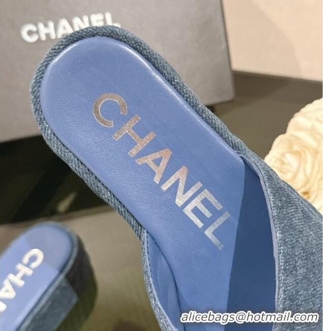 Unique Style Chanel Chevron Denim Platform Thong Slides Sandal 4.5cm Blue 0102137