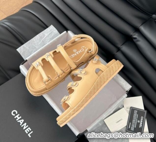 Stylish Chanel Calfskin Flat Sandals with Multi Strap Dark Beige 0102139