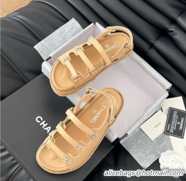 Stylish Chanel Calfskin Flat Sandals with Multi Strap Dark Beige 0102139