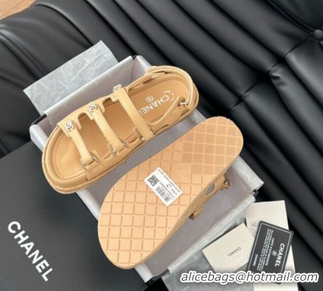 Stylish Chanel Calfskin Flat Sandals with Multi Strap Dark Beige 0102139