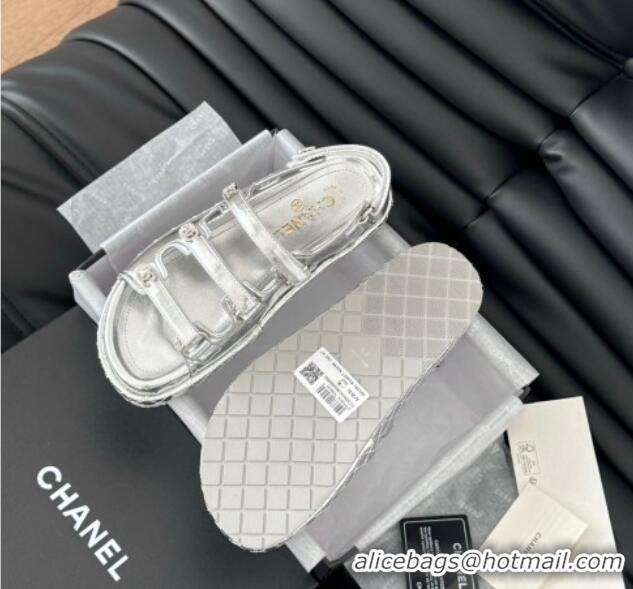 Stylish Chanel Calfskin Flat Sandals with Multi Strap Silver 0102140