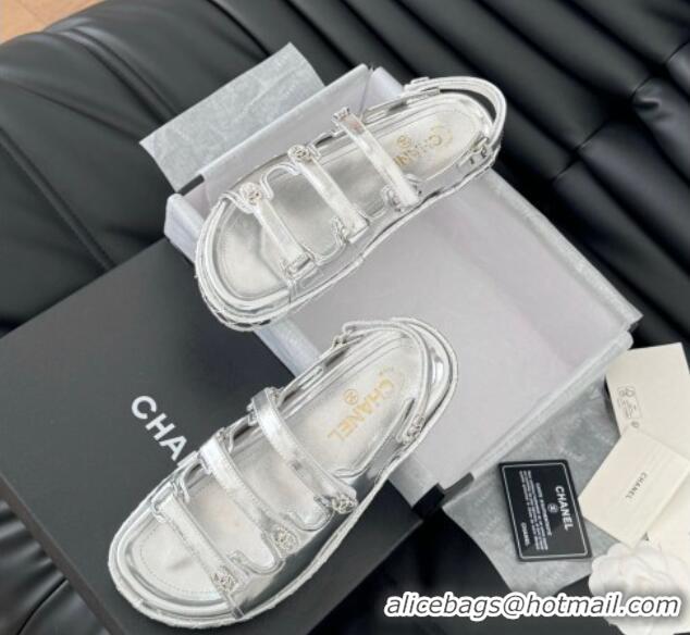 Stylish Chanel Calfskin Flat Sandals with Multi Strap Silver 0102140