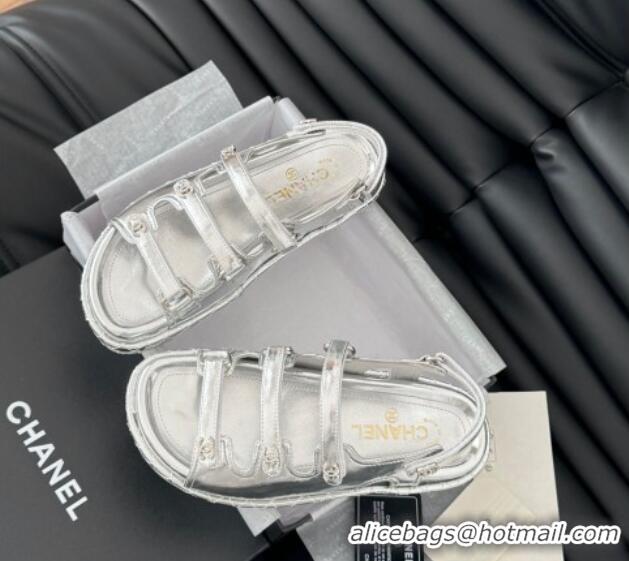 Stylish Chanel Calfskin Flat Sandals with Multi Strap Silver 0102140