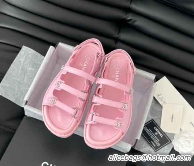 Sophisticated Chanel Calfskin Flat Sandals with Multi Strap Pink 0102141