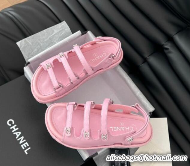 Sophisticated Chanel Calfskin Flat Sandals with Multi Strap Pink 0102141