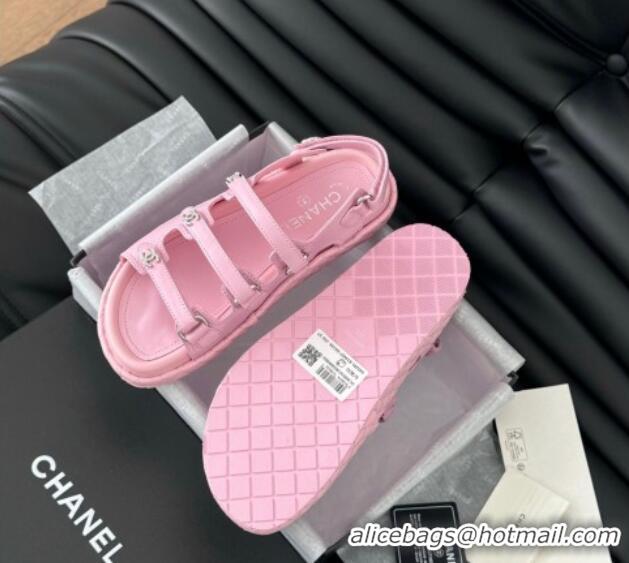 Sophisticated Chanel Calfskin Flat Sandals with Multi Strap Pink 0102141