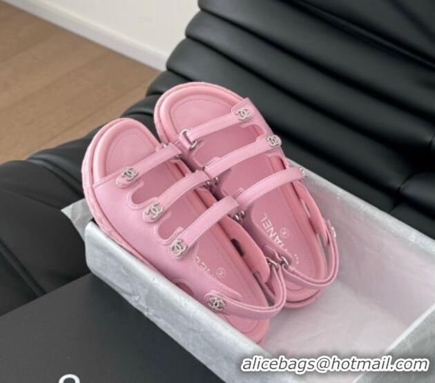 Sophisticated Chanel Calfskin Flat Sandals with Multi Strap Pink 0102141