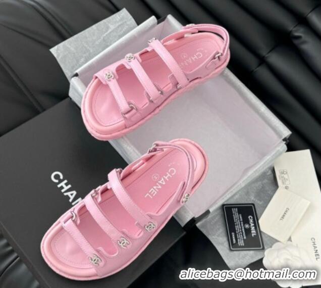 Sophisticated Chanel Calfskin Flat Sandals with Multi Strap Pink 0102141