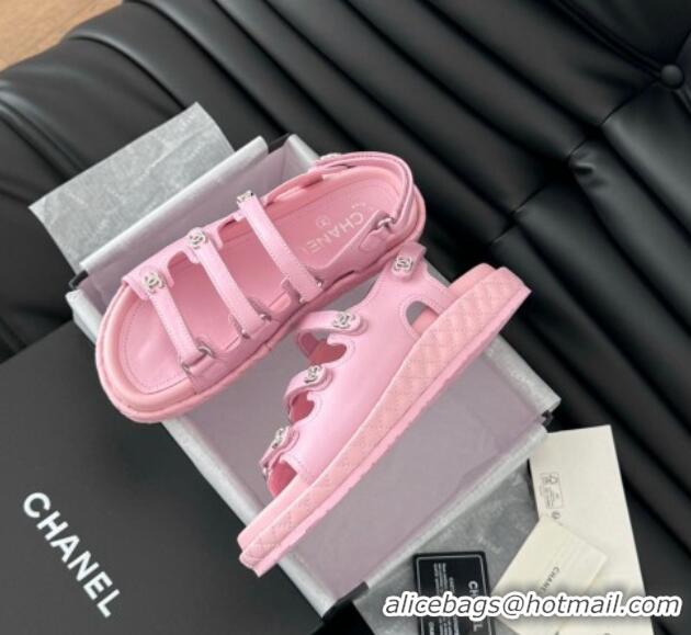 Sophisticated Chanel Calfskin Flat Sandals with Multi Strap Pink 0102141