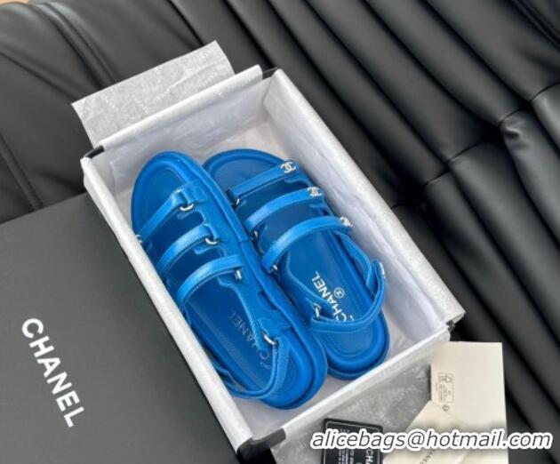 Good Product Chanel Calfskin Flat Sandals with Multi Strap Blue 0102142