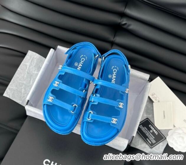 Good Product Chanel Calfskin Flat Sandals with Multi Strap Blue 0102142