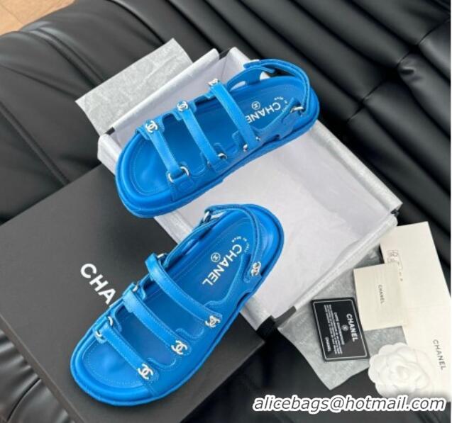 Good Product Chanel Calfskin Flat Sandals with Multi Strap Blue 0102142