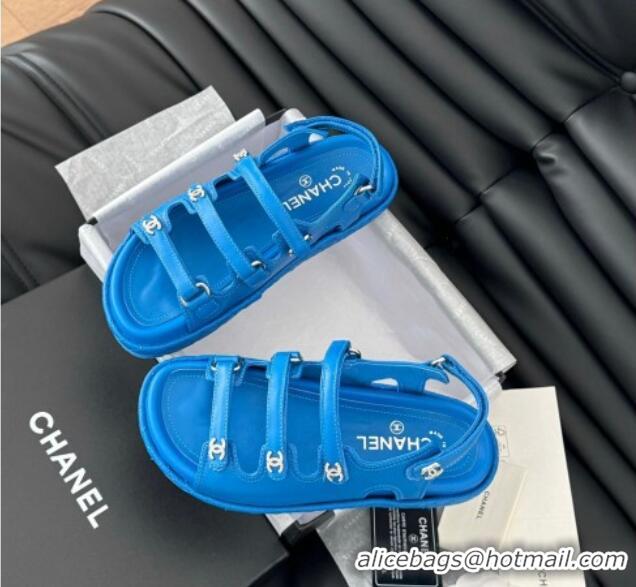 Good Product Chanel Calfskin Flat Sandals with Multi Strap Blue 0102142