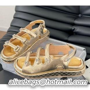 Top Grade Chanel Calfskin Flat Sandals with Multi Strap Gold 0102143