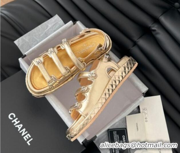 Top Grade Chanel Calfskin Flat Sandals with Multi Strap Gold 0102143