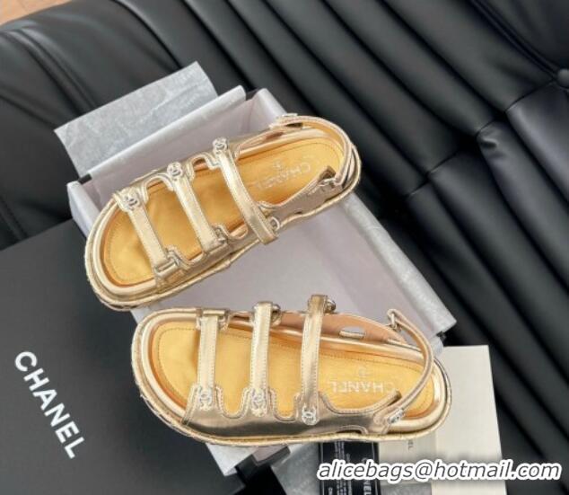 Top Grade Chanel Calfskin Flat Sandals with Multi Strap Gold 0102143