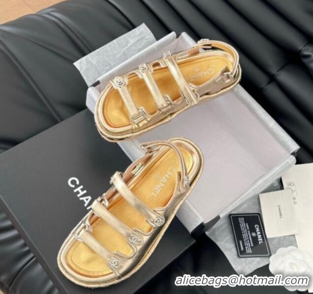 Top Grade Chanel Calfskin Flat Sandals with Multi Strap Gold 0102143