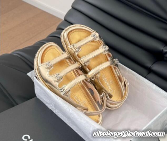 Top Grade Chanel Calfskin Flat Sandals with Multi Strap Gold 0102143