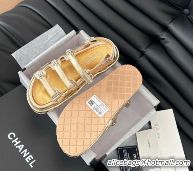 Top Grade Chanel Calfskin Flat Sandals with Multi Strap Gold 0102143