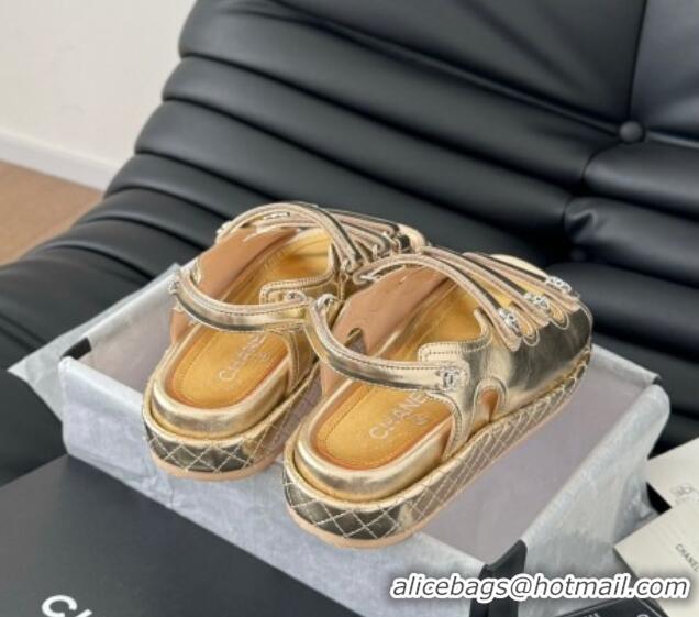 Top Grade Chanel Calfskin Flat Sandals with Multi Strap Gold 0102143