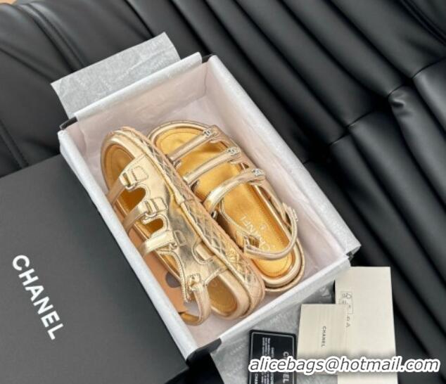 Top Grade Chanel Calfskin Flat Sandals with Multi Strap Gold 0102143