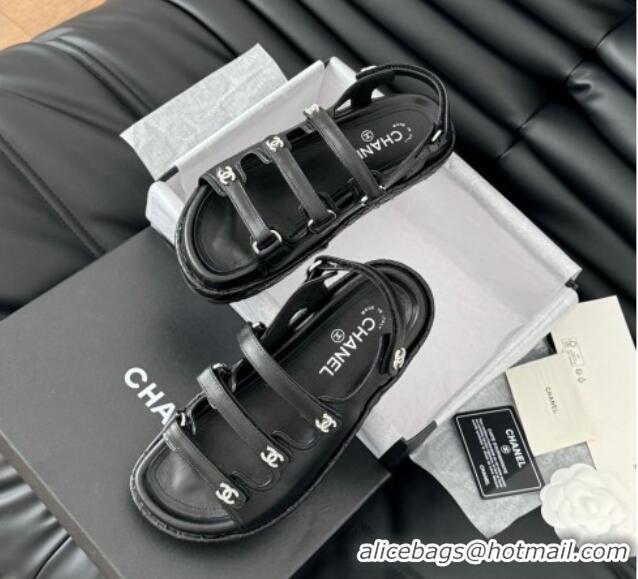 Grade Quality Chanel Calfskin Flat Sandals with Multi Strap Black 0102144