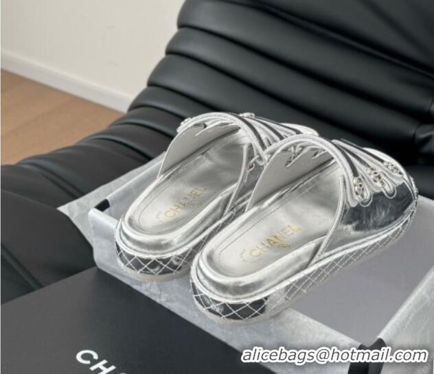 Popular Style Chanel Calfskin Flat Slides Sandal with Multi Strap Silver 0102145