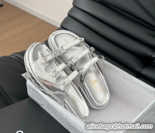 Popular Style Chanel Calfskin Flat Slides Sandal with Multi Strap Silver 0102145