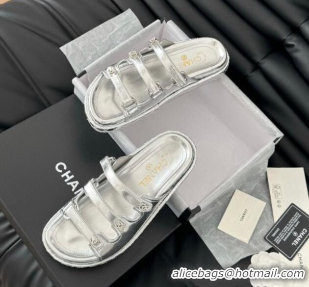 Popular Style Chanel Calfskin Flat Slides Sandal with Multi Strap Silver 0102145