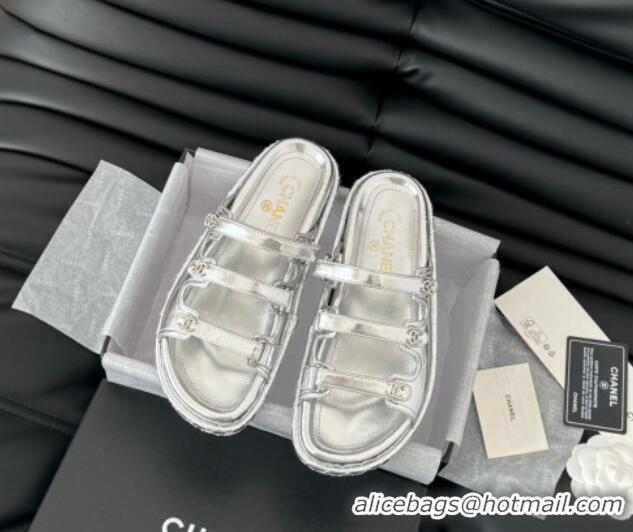 Popular Style Chanel Calfskin Flat Slides Sandal with Multi Strap Silver 0102145