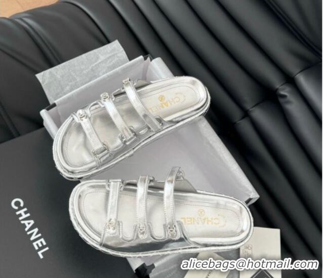 Popular Style Chanel Calfskin Flat Slides Sandal with Multi Strap Silver 0102145