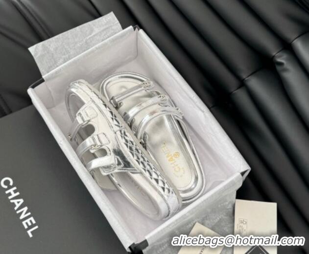 Popular Style Chanel Calfskin Flat Slides Sandal with Multi Strap Silver 0102145