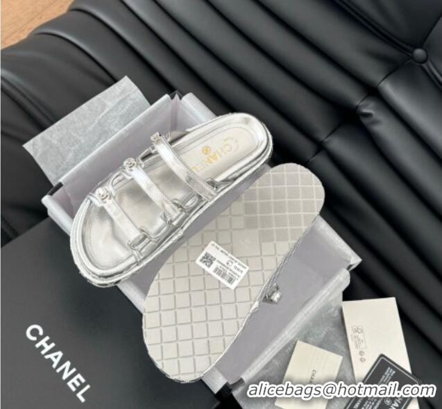 Popular Style Chanel Calfskin Flat Slides Sandal with Multi Strap Silver 0102145