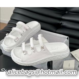 Good Looking Chanel Calfskin Flat Slides Sandal with Multi Strap White 0102146